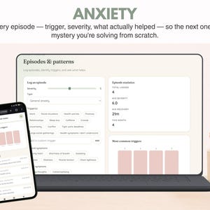 May include: A digital anxiety tracking interface displayed on a laptop screen and a smartphone. The screen shows text reading ANXIETY, Episodes & patterns, and Log an episode. The interface includes fields for severity, triggers, and episode statistics.