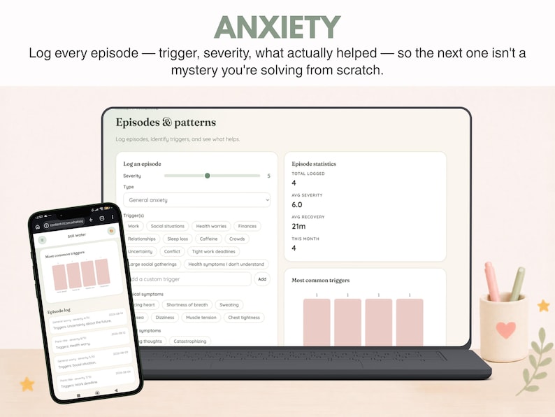 May include: A digital anxiety tracking interface displayed on a laptop screen and a smartphone. The screen shows text reading ANXIETY, Episodes & patterns, and Log an episode. The interface includes fields for severity, triggers, and episode statistics.
