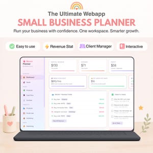 Puede incluir: Un portátil que muestra la interfaz de la aplicación web Bloom Planner, con un panel de control de ingresos, gastos, beneficios y tareas. El texto incluye The Ultimate Webapp SMALL BUSINESS PLANNER, Easy to use, Revenue Stat, Client Manager e Interactive.