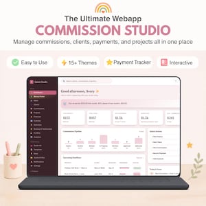 以下が含まれることがあります： ノートパソコンの画面に表示されたCommission Studioウェブアプリのデジタルインターフェース。ダッシュボードには、ナビゲーションサイドバー、財務概要、コミッションパイプラインチャート、および今後の締め切りが表示されています。