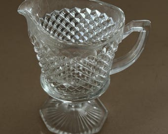 Clear Diamond Pattern Pressed Glass Pedestal Creamer Pitcher, Hexagon