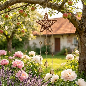 May include: A hanging wind chime featuring a woven brown willow star at the top, suspended by three metal chains. The chains hold small brass charms including a crescent moon, a snowflake, a star, and musical notes, ending in three brass bells.