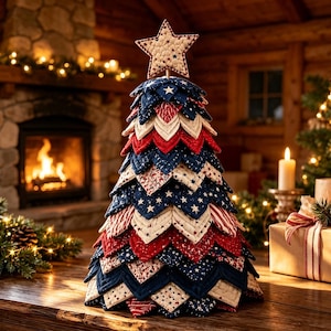 May include: A decorative fabric Christmas tree featuring layered, quilted triangular petals in red, white, and blue. The tree is topped with a five-pointed star ornament. The fabric patterns include solid colors, small white stars on blue, and red stripes.