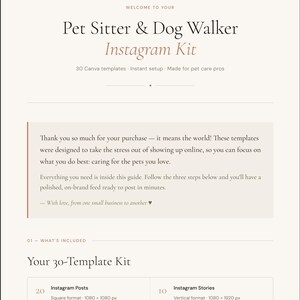 Plantillas de Instagram para cuidadores de mascotas, kit de redes sociales para paseadores de perros, publicaciones e historias de Canva, marketing para negocios de mascotas, marca editable para el cuidado de mascotas.