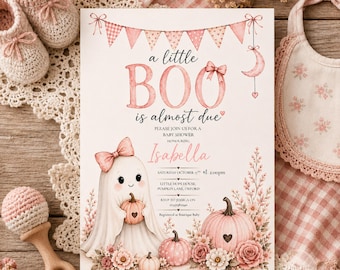 May include: A baby shower invitation card featuring a ghost illustration with a pink bow, pumpkins, and floral accents. The text reads: a little BOO is almost due, PLEASE JOIN US FOR A BABY SHOWER HONOURING Isabella, SATURDAY OCTOBER 17TH at 2:00pm.