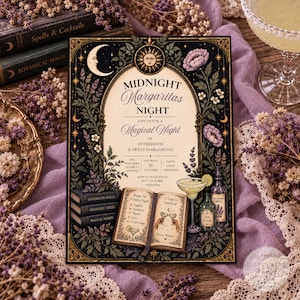 以下が含まれることがあります： Midnight Margaritas Nightと題された長方形の招待状。太陽と月の天体模様の縁取り、花のイラスト、3冊の本の積み重ね、そしてマルガリータグラス、ライム、ラベンダーコーディアルのボトルが描かれた開いたレシピ本が特徴です。