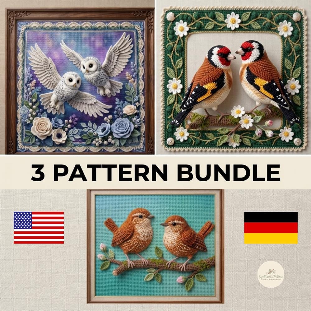 30 Framed Crochet Wall Art Patterns for Stylish, Handmade Decor 12 Bird Wall Art Pattern Bundle with Goldfinch, Owl, and Wren