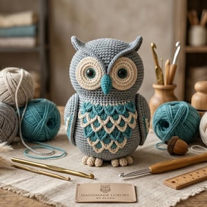 May include: A gray and teal crocheted owl figurine with large eyes and a layered feather pattern on its chest. A rectangular tag in front reads HANDMADE LUXURY BY ELARA. The owl is surrounded by yarn balls, crochet hooks, and a wooden ruler.