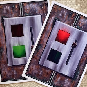 May include: Two rectangular art prints featuring a metallic door design with a rusted brown frame. Each print displays a silver panel with two square windows, one red and one green, and a vertical handle. The artwork uses high-contrast colors.