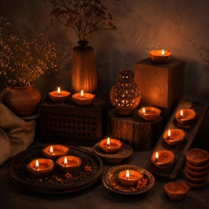 Op de afbeelding: Een verzameling terracotta olielampen, bekend als diyas, met brandende vlammen. De lampen zijn gerangschikt op verschillende oppervlakken, waaronder een donker rond dienblad, een houten blok en een stapel, vergezeld door een vaas en droogbloemen.