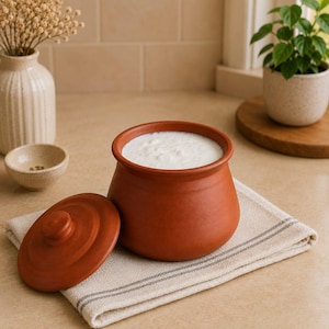 May include: A terracotta clay pot with a matching lid, filled with a thick white creamy substance. The pot has a rounded body and a wide opening, resting on a folded beige fabric napkin. The surface of the clay is smooth and matte brown.