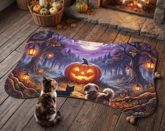 Halloween Pet Feeding Mat, Pumpkin Ghost Dog Cat Placemat, Spooky Paw Print Food Bowl Mat, Cute Halloween Pet Bowl Mat