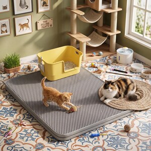 May include: A large rectangular grey cat litter mat with a honeycomb texture, a yellow plastic litter box with a scoop, a calico cat resting on a round woven mat, and an orange tabby kitten playing with a small toy mouse on the floor.
