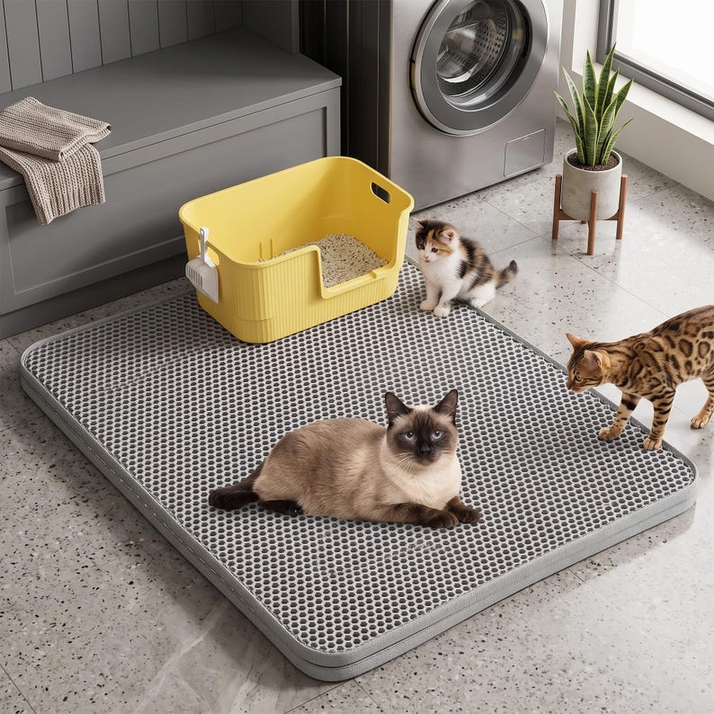 May include: A rectangular grey cat litter mat with a honeycomb mesh surface texture. A bright yellow plastic cat litter box with a scoop sits on the mat. Three cats of different breeds and coat patterns are positioned on or near the mat.