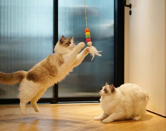 Interactief hangend kattenspeeltje | Uitschuifbare verenbal | Leuk speeltje voor kittens
