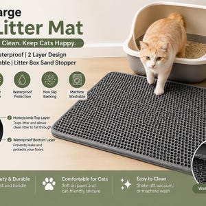 Extra Large Cat Litter Mat with honeycomb double-layer design that traps litter, sand, and debris from cat paws. Waterproof and non-slip construction helps protect floors from messes and moisture. Soft EVA material is gentle on paws, easy to clean, washable, reusable, and perfect for use around litter boxes in homes with indoor cats. Durable cat litter catcher mat designed for cleaner floors and less litter tracking throughout the house.