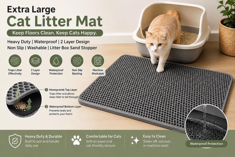 Extra Large Cat Litter Mat with honeycomb double-layer design that traps litter, sand, and debris from cat paws. Waterproof and non-slip construction helps protect floors from messes and moisture. Soft EVA material is gentle on paws, easy to clean, washable, reusable, and perfect for use around litter boxes in homes with indoor cats. Durable cat litter catcher mat designed for cleaner floors and less litter tracking throughout the house.