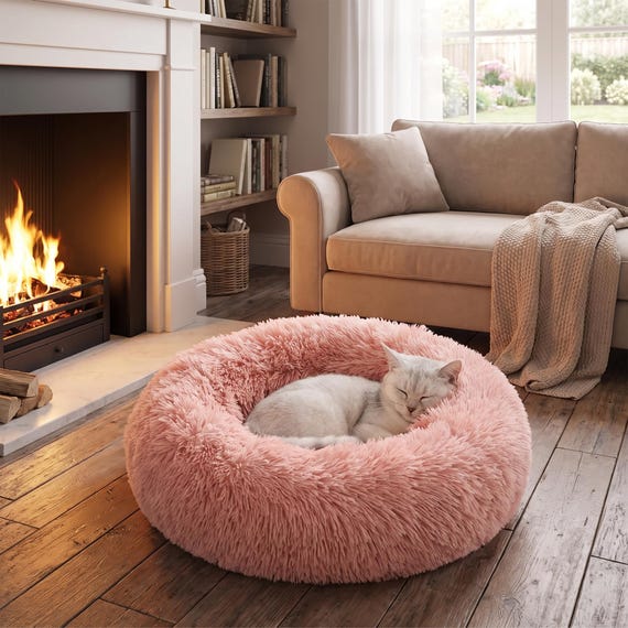 Round Plush Dog Bed | Super Soft Washable Pet Bed for Large, Medium Dogs & Cats | Cozy Calming Sleeping Nest