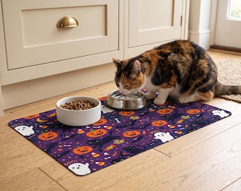 Halloween Pet Food Mat, Spooky Cat Paw Print Placemat, Pumpkin Ghost Pet Feeding Mat, Cute Halloween Cat Dog Mat
