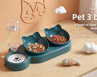 3-in-1 voer- en waterbak voor katten | Schuine voerbak met zwaartekrachttoevoer | Verhoogd, nekvriendelijk ontwerp