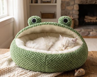 Gemütliches Plüsch-Nest für Katzen und Hunde | Frosch Form Winter Warm Schlafen Bett | Semi geschlossenes Haustier-Haus für Kätzchen-Welpe