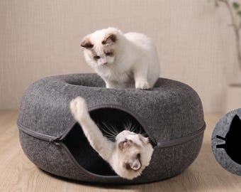 Vilten kattentunnelhuis | Interactieve kattenmand donut | Knus slaapnest en krabspeelgoed voor katten