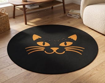 Halloween vloerkleed met zwarte kat, oranje kattengezicht, rond vloerkleed, uniek kunstwerk