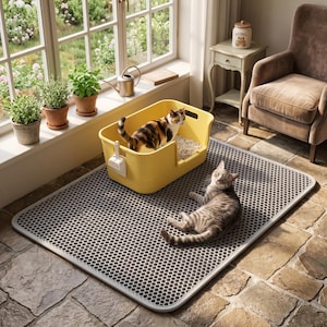 May include: A rectangular yellow plastic cat litter box with a white scoop attached to the side, placed on a large gray mat with a honeycomb texture. A calico cat stands inside the box, while a gray tabby cat rests on the mat nearby.