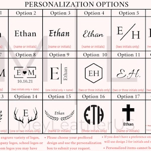 May include: A grid chart titled PERSONALIZATION OPTIONS displaying 18 distinct black text and graphic styles for engraving. Each box shows a numbered option with examples of names, initials, dates, or symbols like hearts, wreaths, and crosses.