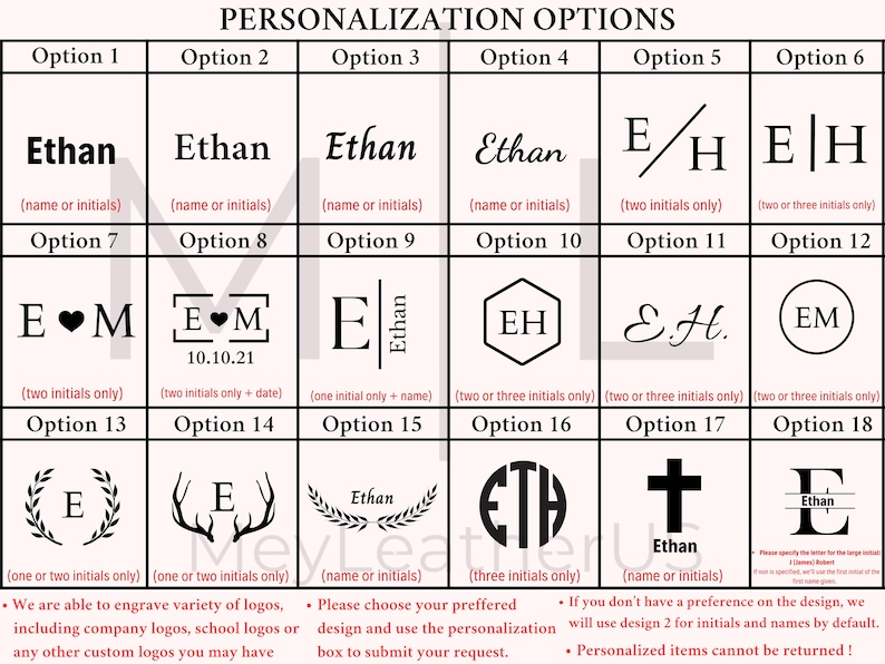 May include: A grid chart titled PERSONALIZATION OPTIONS displaying 18 distinct black text and graphic styles for engraving. Each box shows a numbered option with examples of names, initials, dates, or symbols like hearts, wreaths, and crosses.