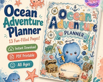 Ocean Adventure Planner, Kawaii Watercolour Kids Daily Weekly Monthly (A4 PDF Download)
