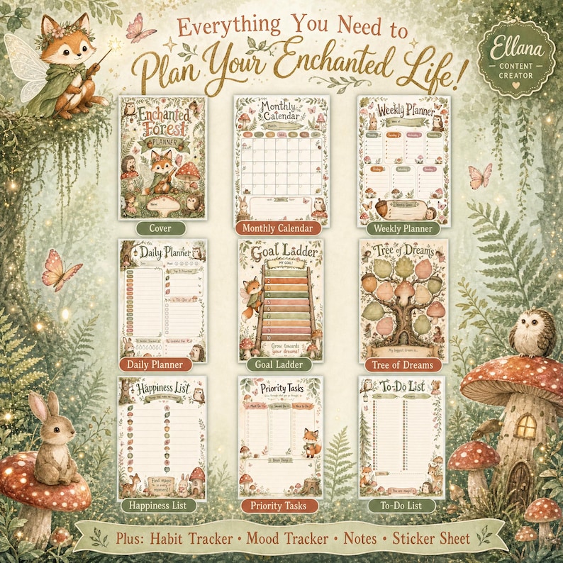 Pu&ograve; includere: Un set di agende digitali intitolato Everything You Need to Plan Your Enchanted Life, composto da nove pagine: copertina, calendario mensile, agenda settimanale, giornaliera, scala degli obiettivi, albero dei sogni, lista della felicit&agrave;, priorit&agrave; e lista delle cose da fare.