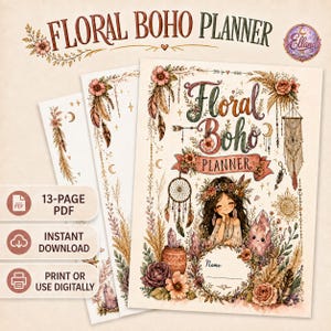 Agenda boho stampabile, senza data, con motivo floreale, formato A4, in PDF per GoodNotes e stampa.