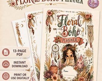 Può includere: Un documento digitale Floral Boho Planner con un PDF di 13 pagine, download istantaneo e opzioni per stampare o usare digitalmente. La copertina mostra un personaggio con corona di fiori, acchiappasogni, cristalli e il testo Floral Boho Planner.