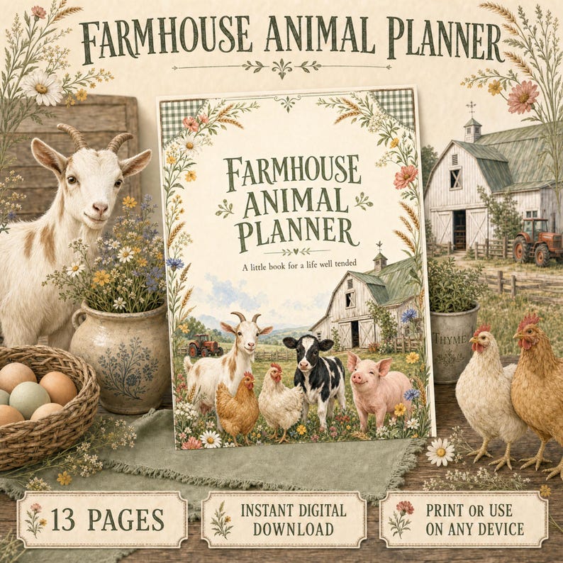 May include: A digital planner titled Farmhouse Animal Planner featuring illustrations of a goat, chicken, calf, and pig in front of a barn. The cover includes floral borders and the text A little book for a life well tended. Includes 13 pages.