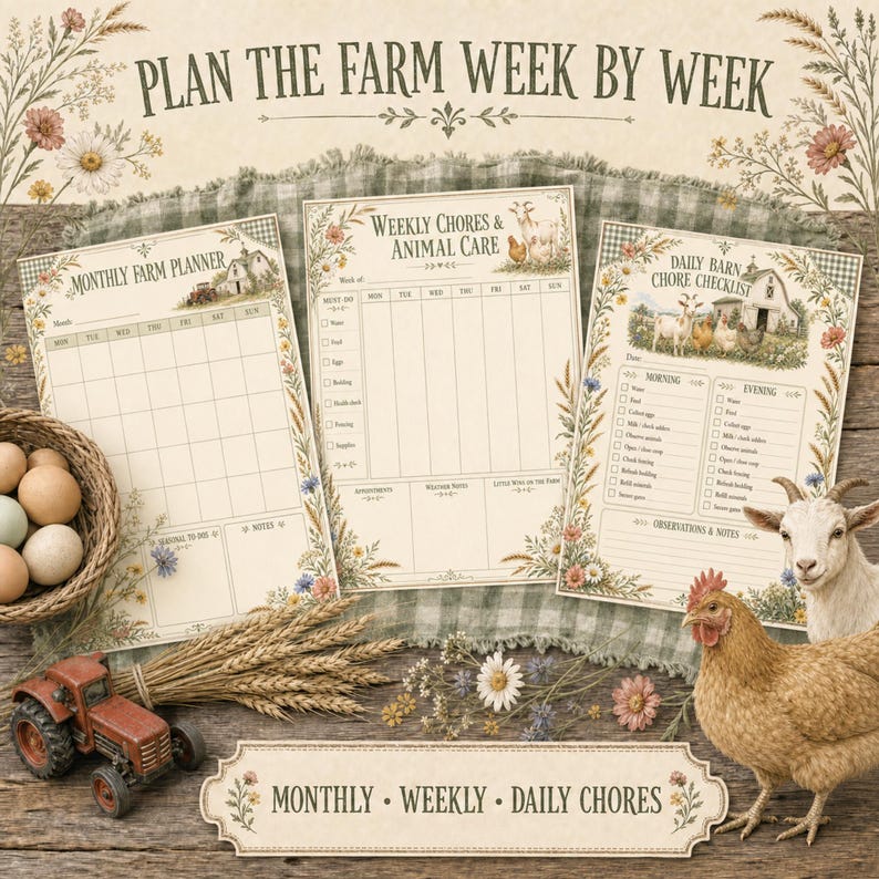 May include: A set of three farm-themed planner sheets titled Monthly Farm Planner, Weekly Chores & Animal Care, and Daily Barn Chore Checklist. The pages feature cream backgrounds, floral borders, and illustrations of a barn, goat, and chicken.