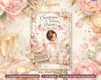 Champagne & Peonies Kawaii Planner Printable PDF | Luxury Floral Digital Planner Download | Undated A4 | Digital Planner | Champagne Planner