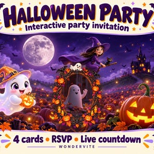 May include: A digital Halloween party invitation featuring a purple and orange theme with a ghost, a witch on a broomstick, a haunted house, and a pumpkin patch. Text includes HALLOWEEN PARTY, Interactive party invitation, 4 cards, RSVP, Live countdown, and WONDERVITE.