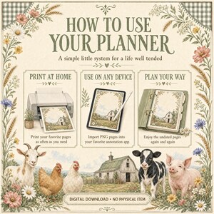 May include: An instructional graphic titled HOW TO USE YOUR PLANER with three sections: PRINT AT HOME showing a printer, USE ON ANY DEVICE showing a tablet with a stylus, and PLAN YOUR WAY showing a binder. The border features farm animals and flowers.