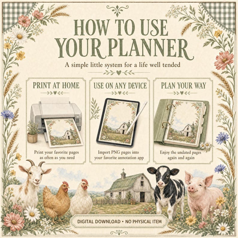 May include: An instructional graphic titled HOW TO USE YOUR PLANER with three sections: PRINT AT HOME showing a printer, USE ON ANY DEVICE showing a tablet with a stylus, and PLAN YOUR WAY showing a binder. The border features farm animals and flowers.