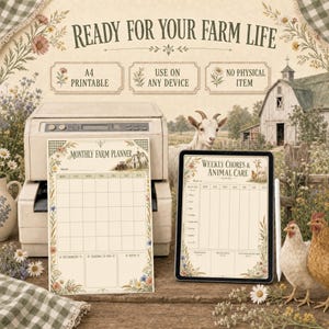 May include: A digital farm planner set featuring a Monthly Farm Planner sheet and a Weekly Chores & Animal Care tablet display. The designs include floral borders, farm illustrations, and text labels. This is a digital product for A4 printing.