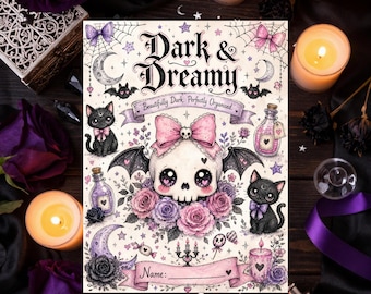 May include: A planner cover featuring a central skull with bat wings and a pink bow, surrounded by black cats, purple and pink roses, potion bottles, and stars. The text reads Dark & Dreamy and Beautifully Dark, Perfectly Organised, with a Name line.