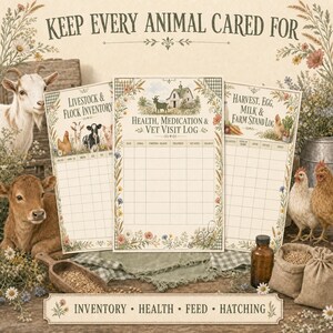 May include: Three printed farm record sheets titled Livestock & Flock Inventory, Health, Medication & Vet Visit Log, and Harvest, Egg, Milk & Farm Stand Log. The pages feature floral borders, farm animal illustrations, and grid tables for tracking.