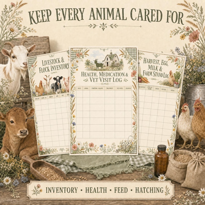 May include: Three printed farm record sheets titled Livestock & Flock Inventory, Health, Medication & Vet Visit Log, and Harvest, Egg, Milk & Farm Stand Log. The pages feature floral borders, farm animal illustrations, and grid tables for tracking.