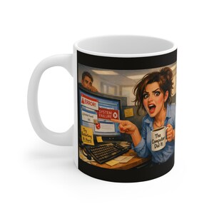Office Chaos Illustration Mug | Retro Coworker, Computer Error, Coffee Scene