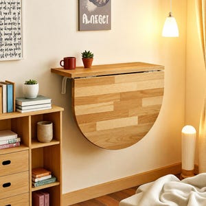 Puede incluir: Una mesa plegable de pared hecha de madera clara que presenta un panel abatible semicircular con un patrón de veta de madera visible. La mesa está fijada a la pared con soportes metálicos blancos y se muestra en una posición plegada que ahorra espacio.