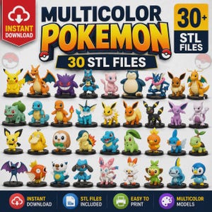 Peut inclure: Une collection numérique de plus de 30 fichiers STL Pokemon multicolores pour l'impression 3D. L'image présente une grille de diverses figurines de personnages colorés, dont Pikachu, Charizard, Gengar, sur des socles circulaires noirs.