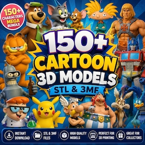Peut inclure: Une collection numérique de plus de 150 modèles 3D de dessins animés aux formats STL et 3MF, représentant divers personnages animés dont Garfield, Yogi l'ours, Tom et Jerry, Musclor, Optimus Prime, Pikachu, Dexter, Astérix et Obélix.