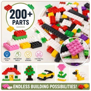 May include: A collection of over 200 colorful plastic building blocks in various shapes and sizes, including red, white, yellow, black, green, and pink pieces. The image displays assembled models like a house, tree, car, flower, and duck.