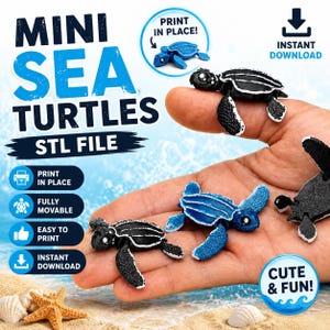 Puede incluir: Archivo STL digital para impresión 3D de mini tortugas marinas. El diseño presenta tortugas articuladas móviles en colores negro y azul. El texto en la imagen incluye MINI SEA TURTLES, STL FILE, PRINT IN PLACE, FULLY MOVABLE, EASY TO PRINT e INSTANT DOWNLOAD.